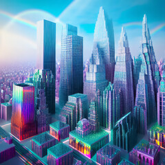 City illustration featuring bright and vibrant neon-lit buildings,Modern urban environment