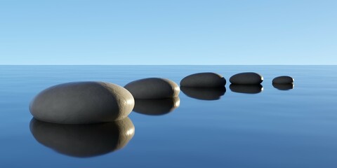 Fototapeta na wymiar Row, bow or line of black pebbles with water on blue sky background, zen, spa, yoga or meditation concept