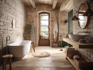 vintage style bathroom with brick wall, window and natural light. Generative AI