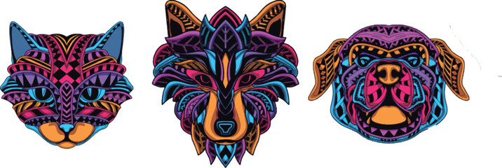 Set of colorful cat, dog and wolf head logos