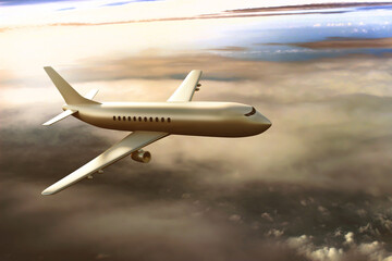 Airplane flying in the air with a cinematic sky scene. 3D Illustration.