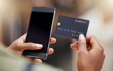 Woman, hands and phone with credit card for payment, online banking or shopping on mockup screen....