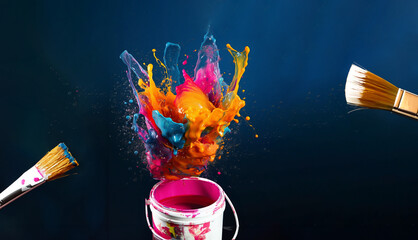 Generative AI of Color splashes out from the paint bucket with the paintbrush.