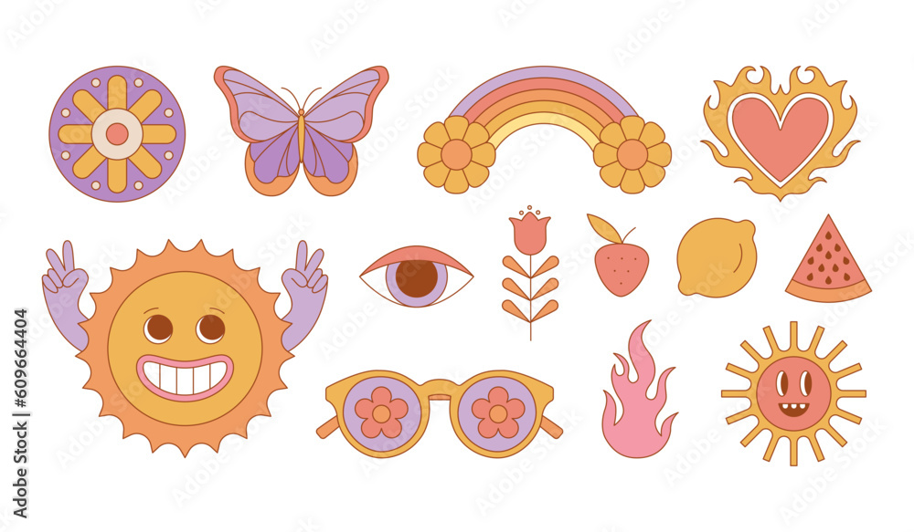 Aufkleber Vector set of design elements, patches and stickers - abstract background elements for branding, packaging, prints and social media posts - hippie groovy aesthetics and summer prints..