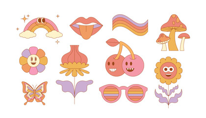 Vector set of design elements, patches and stickers - abstract background elements for branding, packaging, prints and social media posts - hippie groovy aesthetics and summer prints..