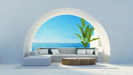 Sea View Beach Luxury Living Room - Santorini island style - 3D rendering - 609664472