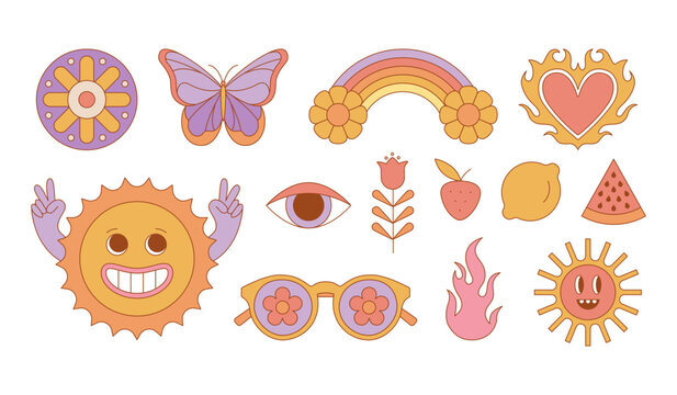 Vector set of design elements, patches and stickers - abstract background elements for branding, packaging, prints and social media posts - hippie groovy aesthetics and summer prints..