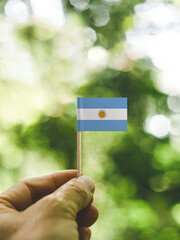 The Flag of Argentina which is held in hand at the forest.