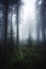 dark spruce forest covered with thick fog