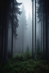 dark spruce forest covered with thick fog