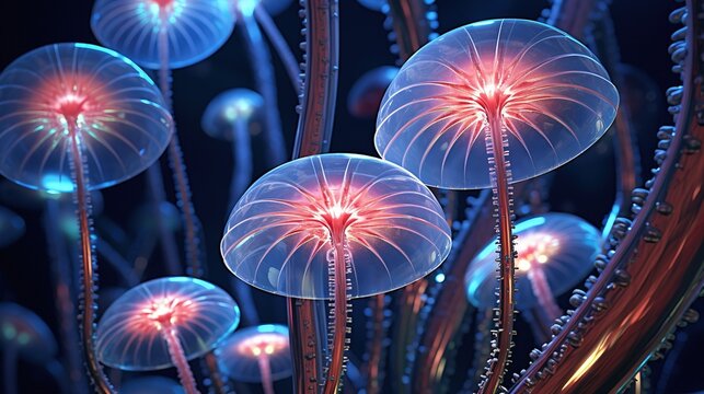 Magical mysterious mushrooms. Growing microorganisms. Generative AI. Illustration for banner, poster, cover, brochure or presentation.