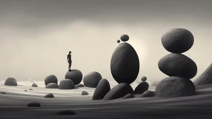 Zelfklevend Fotobehang Silhouette of single man in a far distant waiting for something. A dramatic illustration of a solitary figure standing on a stone. Creating a sense of solitude. Generative AI for cover or presentation © Login