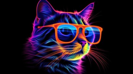 Fototapeta premium Stylish cat in trendy glasses in futuristic style and neon colors. Generative AI illustration. Printable design for t-shirts, mugs, cases, etc.