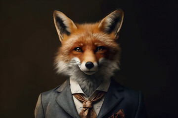 Fototapeta premium Portrait of a Fox dressed in a formal business suit, Boss Fox, created with generative AI