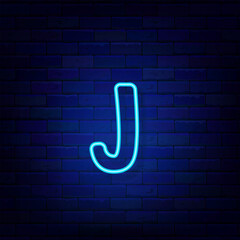 Neon letter J on brick wall. Light blue logotype. Simple shape. Glowing banner. Vector stock illustration