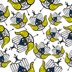 Seamless arabic hamsa hand of fatima illustration background pattern in vector