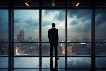 Fototapeta premium Businessman Looking Through the Window on Big Modern City in His Office. Generative AI