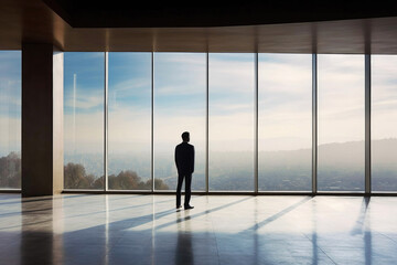 Fototapeta na wymiar Businessman Looking Through the Window on Big Modern City in His Office. Generative AI