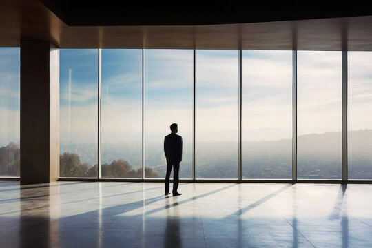 Businessman Looking Through The Window On Big Modern City In His Office. Generative AI