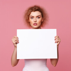 woman holding a white sign for mock up with pink background Generative AI
