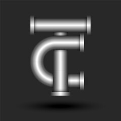 Monogram letters TC or CT initials 3d logo industrial style, luxury metallic pipes line shape, overlapping pair letters T and C silver colored creative typography marks.