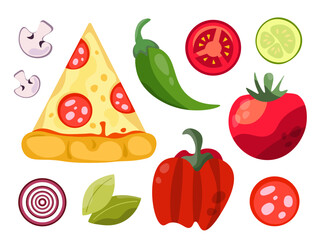 Pizza slice with different ingrediens like pepperoni, tomatoes, basil, cucumber and green pepper isolated on a white background. Pizza slice illustration