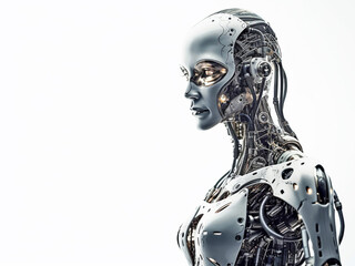 The face of a humanoid robot on an isolated background and close-up. Generative AI