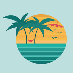 Fototapeta na wymiar Vector travel logo with symbol of airplane, palm tree and seagulls 