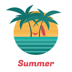 Vector travel logo with symbol of  palm tree, surfboard