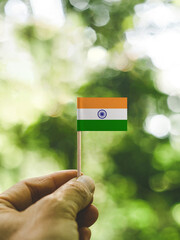 The Flag of India which is held in hand at the forest.