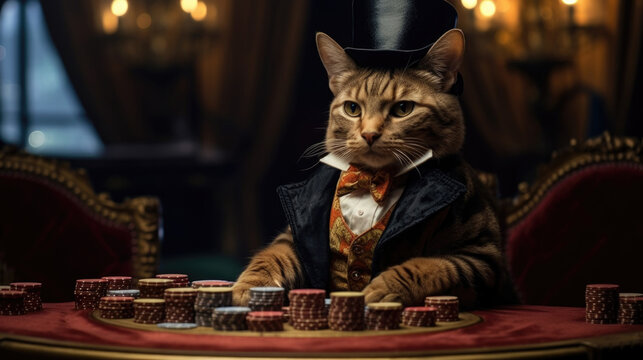A croupier cat in a suit sits at a playing table in a casino, gambling, poker for money, leisure. AI generated.