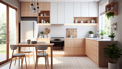 Fototapeta na wymiar Minimalist Scandinavian Kitchen with Wood Accent Ai generated image