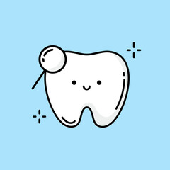 Check your teeth. Tooth with magnifying glass. Dentistry clean white tooth and dentistry instruments.Oral hygiene, teeth cleaning. Cute cartoon tooth take magnifying to check decay problem