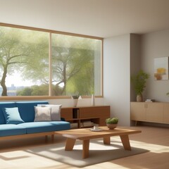 photo of a minimalist living room and sofa with a beautiful view with generative AI technology