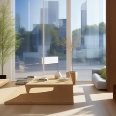 photo of a minimalist living room and sofa with a beautiful view with generative AI technology