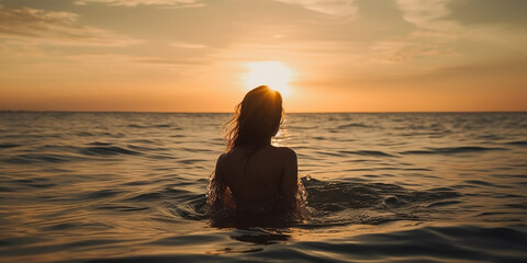 Fototapeta premium A young beautiful woman stands with her back against the background of the sea and the seashore, in the rays of the setting sun. Generative AI