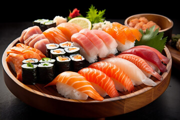 food set seafood meal roll fish rice japanese japan sushi. Generative AI.
