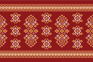 Ethnic geometric fabric pattern Cross Stitch.Ikat embroidery Ethnic oriental Pixel pattern red background. Abstract,vector,illustration. Texture,clothing,scarf,decoration,motifs,silk wallpaper.