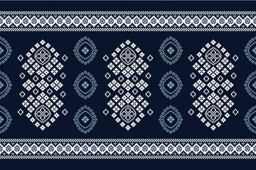 Ethnic geometric fabric pattern Cross Stitch.Ikat embroidery Ethnic oriental Pixel pattern navy blue background. Abstract,vector,illustration. Texture,clothing,scarf,decoration,motifs,silk wallpaper.