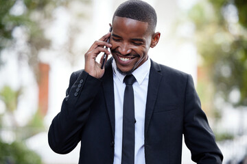 Black man, business and smile on street, phone call and talking on walk for contact, chat or good deal. Happy african businessman, smartphone and talk for networking, sales or stock trading on road