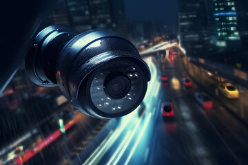 Obraz na płótnie Canvas Security CCTV Camera on Modern City. Created with Generative AI Technology