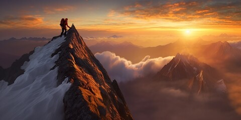 A climber scaling a majestic mountain peak at dawn, concept of Mountain climbing, created with Generative AI technology