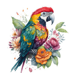 Obraz premium Watercolor colorful macaw parrot Clipart, South American parrot with tropical leaves and floral flower , Cute Parrot art transparent