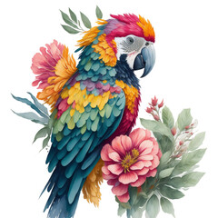 Watercolor colorful macaw parrot Clipart, South American parrot with tropical leaves and floral flower , Cute Parrot art transparent