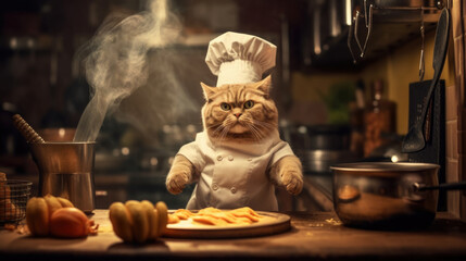 Cat chef in the kitchen prepares food. AI generated. - obrazy, fototapety, plakaty