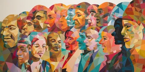 Fototapeta premium Colorful paper cutouts representing diverse people and cultures, arranged in a visually appealing mosaic pattern, concept of Unity through diversity, created with Generative AI technology