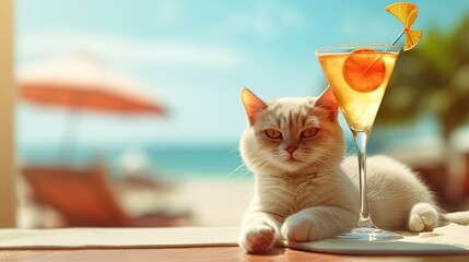 funny cat with cocktail drink at beach, Generative Ai
