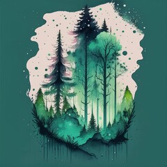 Illustration of a forest in the mountains on a green background. Generative AI