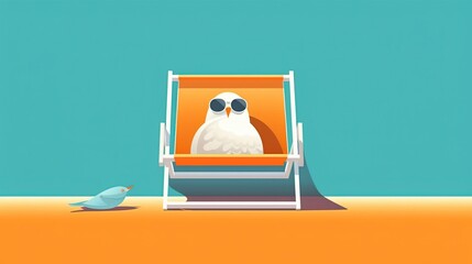 illustration of cute cartoon character bird sleeping on beach bed , sunbathing dove, Generative Ai
