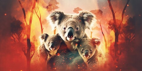 Koala animals and forest fire in the style of double exposure, concept of Biodiversity conservation, created with Generative AI technology